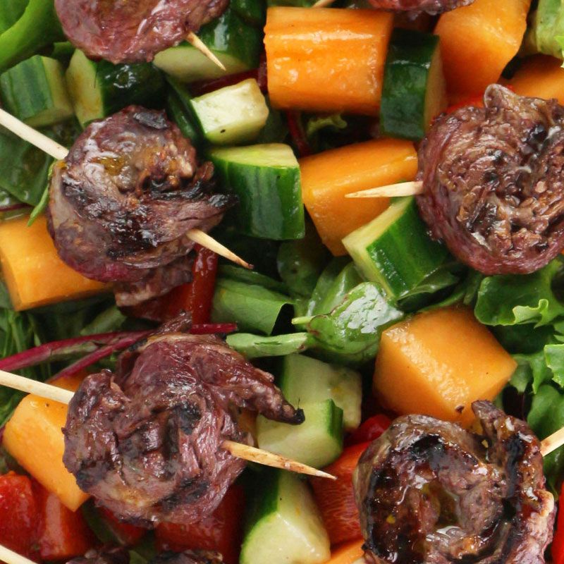Beef “Lollipops” with Cantaloupe Salad