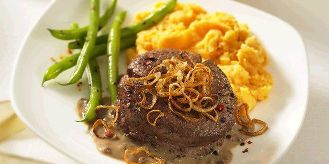 Beef Tenderloins with Peppercorn Sauce and Crispy Shallots